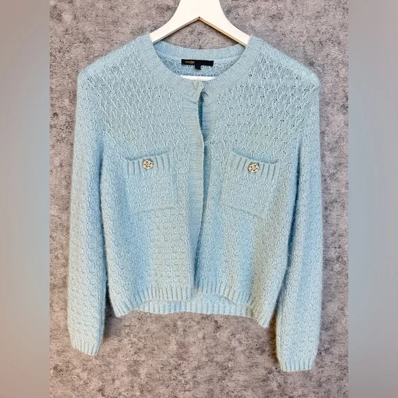 Maje Light Blue Knit Cardigan with Pearl Button Details Size (S)